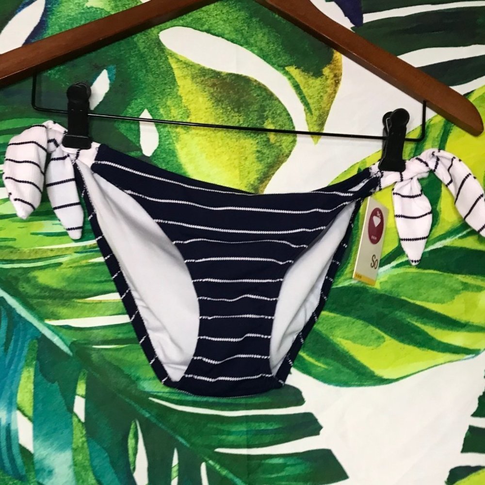 NWT SO Junior Small Navy White Side Tie Ruched Bikini Summer Swim Bottom